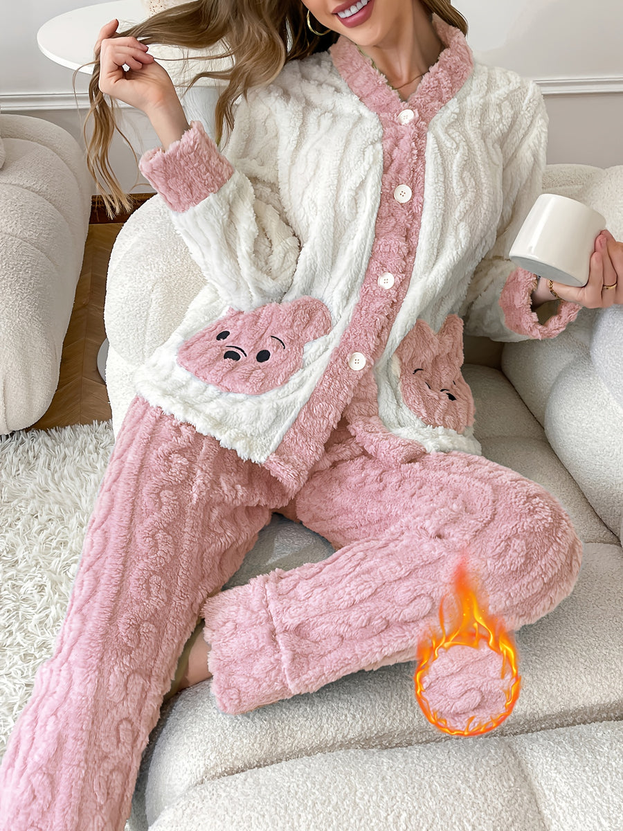 Plus Size 25AW Homewear Trend New Autumn/Winter Women's Pajama Cardigan Set with Long Sleeves and Long Pants, Embroidered Bear Pocket Design, Warm, Comfortable, Casual, Jacquard Loose Fit Loungewear - Pink Color