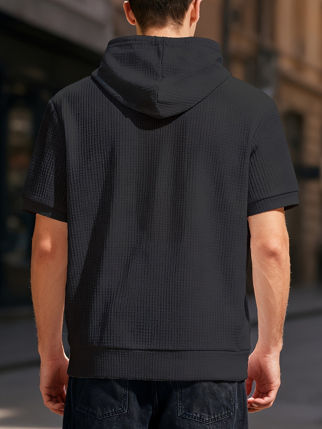 Spring/Summer Outdoor White Short-Sleeve Hooded Sweatshirt, Waffle Knit Breathable Fabric, Non-Stuffy, Versatile Half-Sleeve Top for Commuting and Shopping - Black