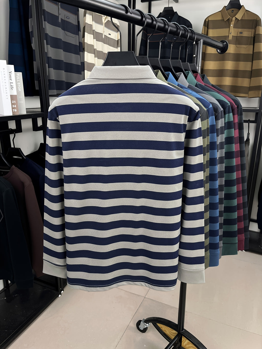 Minimalist Urban Striped Long-Sleeve Polo Shirt for Portable Daily Commuting - Shallow Card