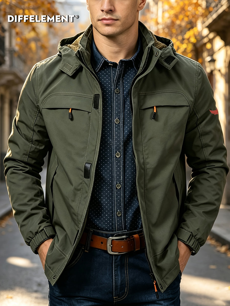 Men'S Drawstring Removable Hooded Utility Jacket, Wrinkle-Resistant Breathable Durable Woven Fabric, Fitted Short Length Spring Autumn City Commute Hiking Style, Autumn Street Outdoor Multi-Scene Wear, Orange Zipper Contrast Pocket - fern green