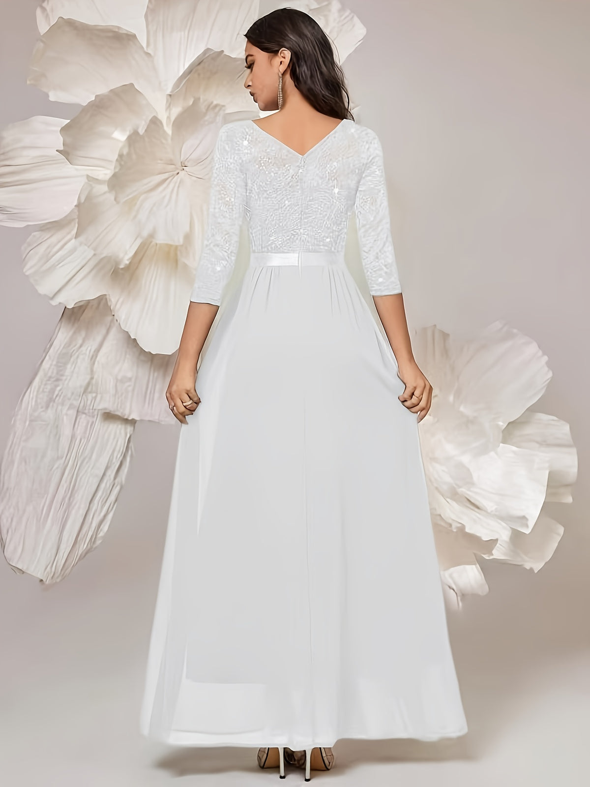 Women'S Elegant Lace Sequin Dress, Waist Tapered Satin Ribbon Patchwork, Underskirt Chiffon Pairing, Showcasing Flowy - Milky