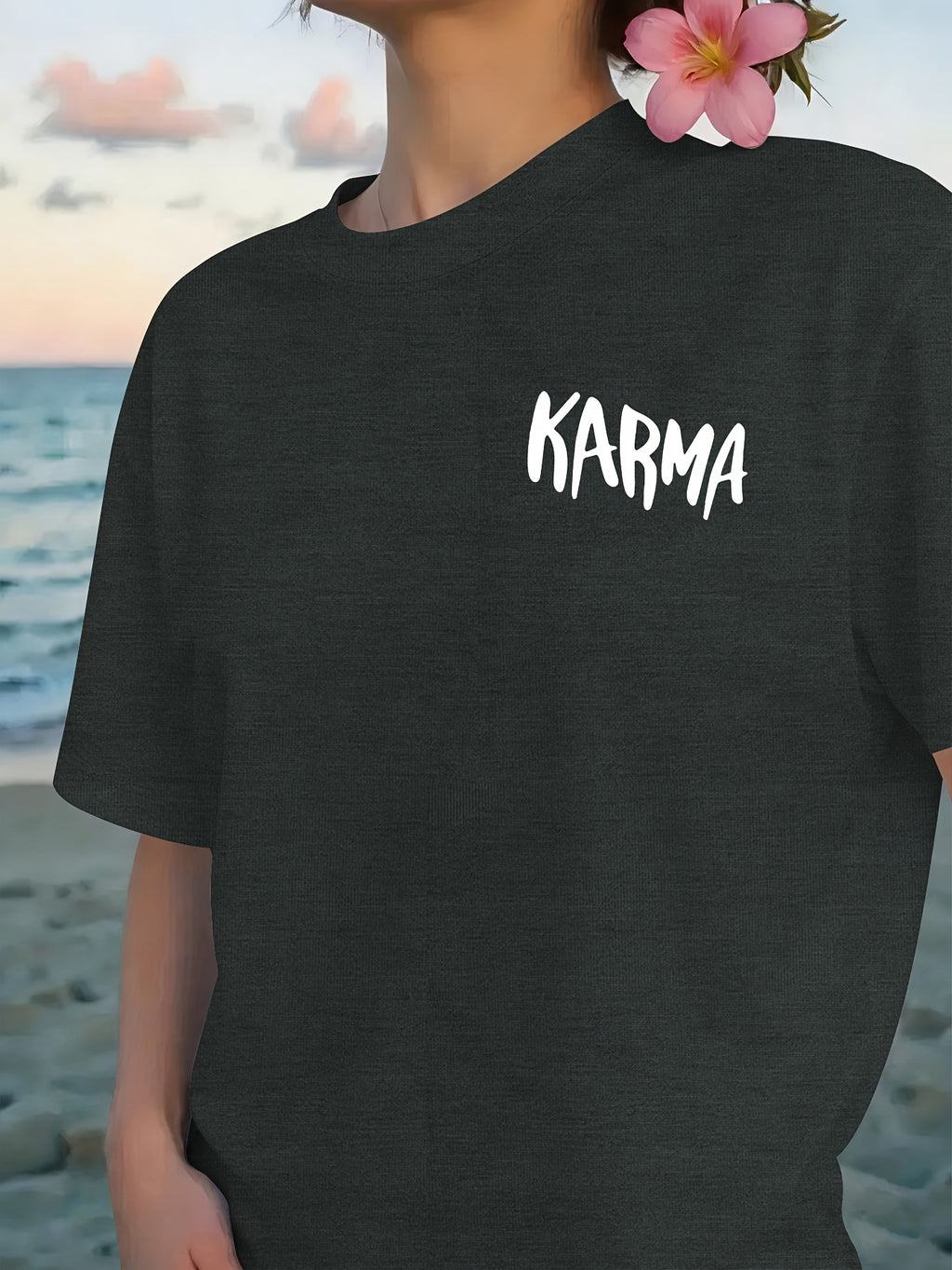 Front And Back Print T-Shirt, Cause And Effect, KARMA Pattern Women'S Round Neck Casual Short Sleeve Top, Trendy Fashion Casual Style, Women'S Double-Sided Printed Top, Round Neck Women'S Short Sleeve T-Shirt S-XXL - Dark Gray