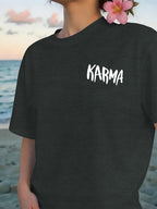 Front And Back Print T-Shirt, Cause And Effect, KARMA Pattern Women'S Round Neck Casual Short Sleeve Top, Trendy Fashion Casual Style, Women'S Double-Sided Printed Top, Round Neck Women'S Short Sleeve T-Shirt S-XXL - Dark Gray