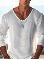 2pcs Set of Solid Color Casual Long Sleeve T-Shirts, Men'S V-Neck Breathable Versatile Top - White+black
