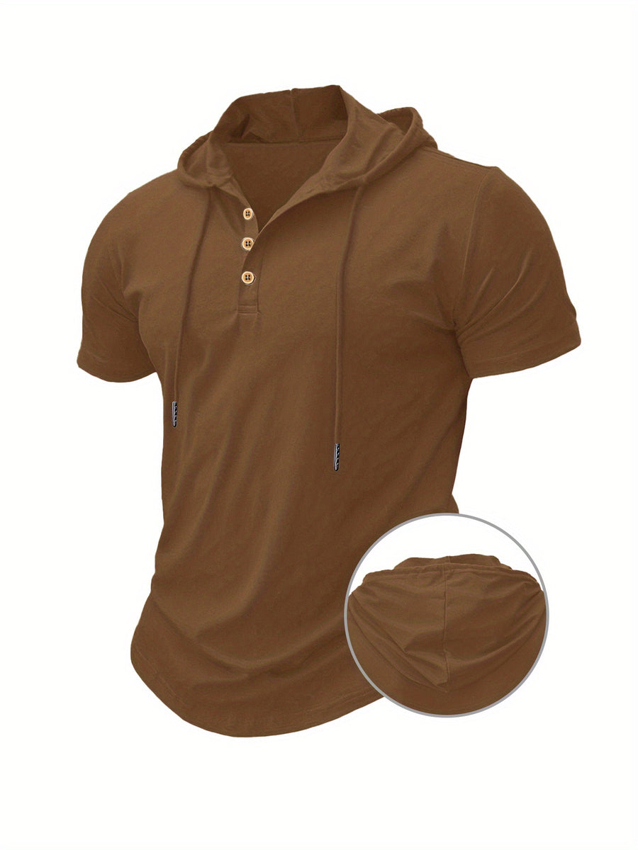 A Single Piece Men'S Casual Hooded Henley Shirt, Lightweight Sports T-Shirt for Summer That Wicks Moisture And Is Breathable, Featuring a Solid Color, Short Sleeves, Button Details at The Neckline, Adjustable Drawstrings for The Hood, Regular Fit - Brown