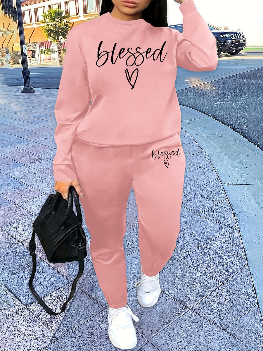 Graphic Print 2pcs Set, Crew Neck Sweatshirt & Pants, Women's Clothing - Pink