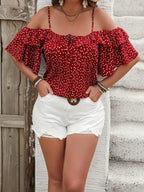 Targeted Elegant Women'S Clothing Heart Print Ruffled Cami Off-Shoulder Top - Burgundy