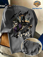 Warner Bros. Official New Men's Casual Crew Neck Short Sleeve T-Shirt, Front and Back Tear Effect Print with Batman Core Joker Villain Group Creative Graphic, American Dark Comic Style Men's Top, Unique and Hard to Match, Soft, Skin-Friendly - Dark Gray