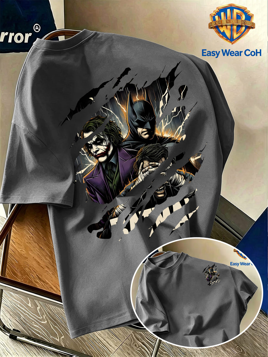 Warner Bros. Official New Men's Casual Crew Neck Short Sleeve T-Shirt, Front and Back Tear Effect Print with Batman Core Joker Villain Group Creative Graphic, American Dark Comic Style Men's Top, Unique and Hard to Match, Soft, Skin-Friendly - Dark Gray
