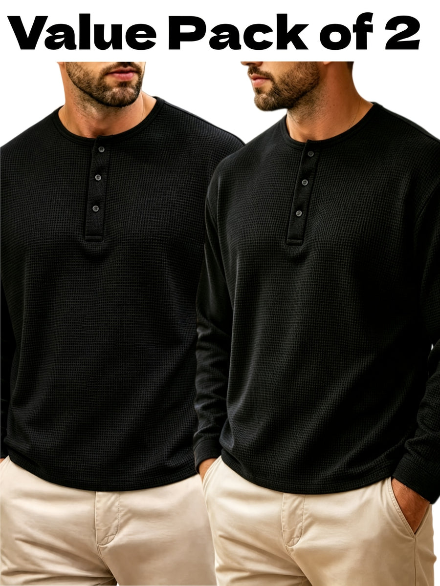 2pcs Men'S Waffle Henley Long Sleeve T-Shirt, Loose Casual Button-Up Pullover Base Layer Spring Autumn Top - Black