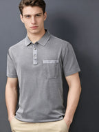 Mid-Age Men'S Washed Distressed Vintage T-Shirt Polo Shirt Top Solid Casual Top British Style with Pocket - Silvery Grey