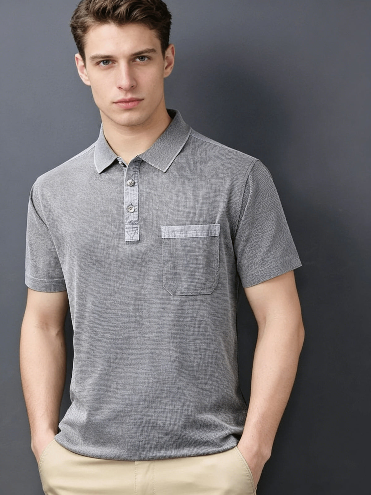Mid-Age Men'S Washed Distressed Vintage T-Shirt Polo Shirt Top Solid Casual Top British Style with Pocket - Silvery Grey