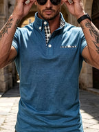 Summer New Fashion Trendy Men'S Plaid Patchwork Lapel Polo Shirt, Button-Decorated Pocket Slim Short Sleeve Top - Peacock Blue