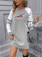Color-block Long-sleeve T-shirt Dress with Graphic Print Sweatshirt for Women - White & Gray