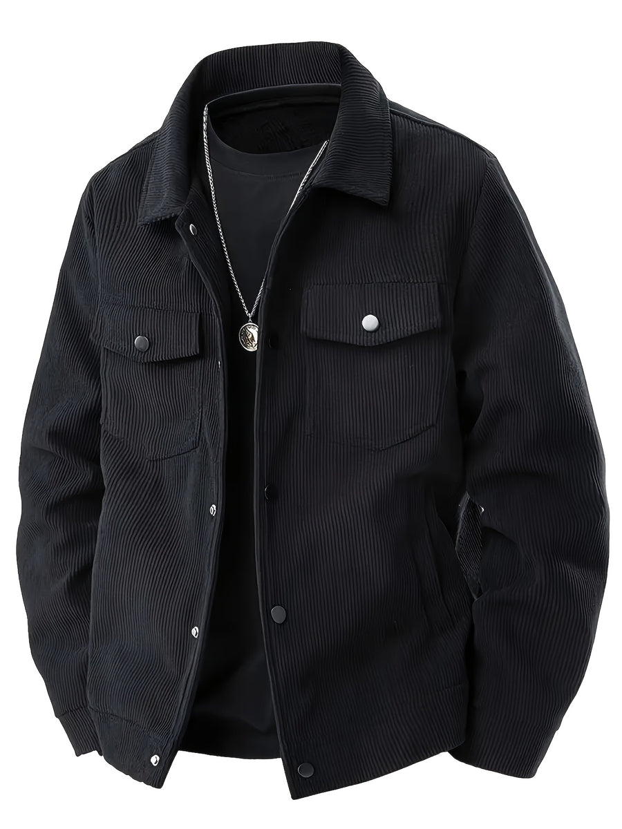 Men'S Spring Autumn Solid Color Long Sleeve Functional Warm Jacket, Corduroy Solid Color Jacket, Lapel Button-Up Design, Fabric Upgrade, Multi-Functional Chest Pockets, Suitable for Casual Daily Wear And Home Wear, Gift Set (3pcs) - Black + Gray + Apricot