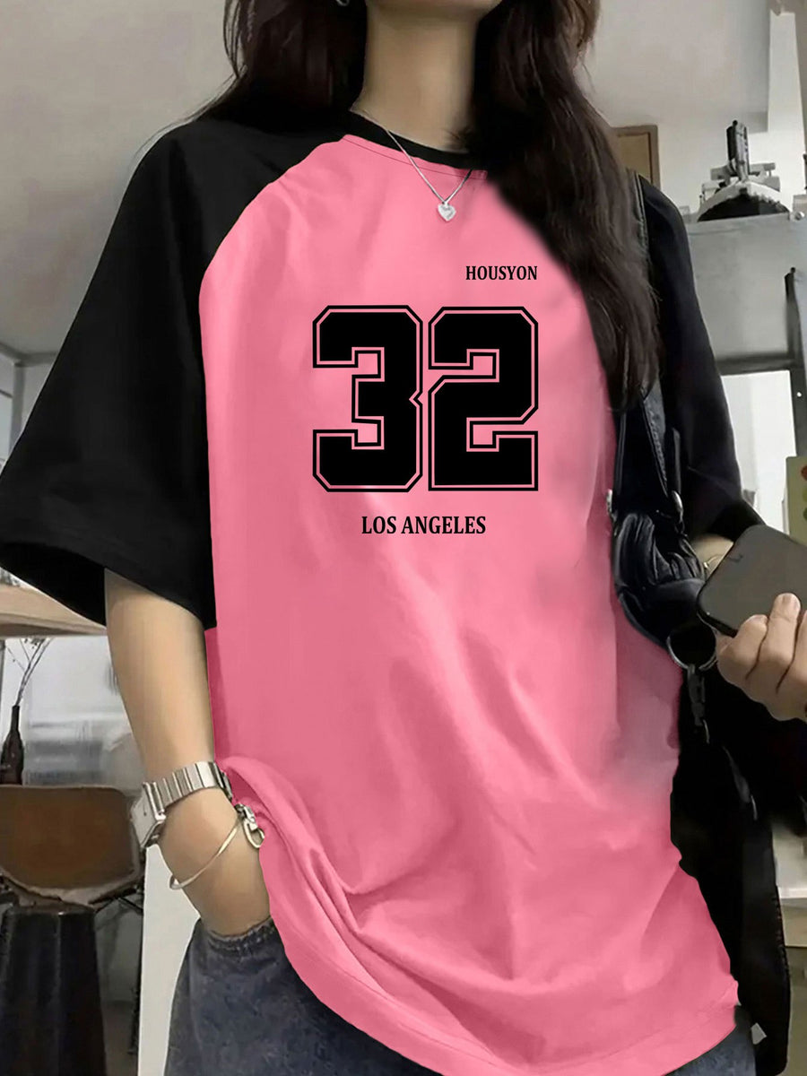 Women'S Color-Blocking Raglan Sleeve 32 Letter Print Pullover Short-Sleeved T-Shirt Summer Design Sense Fashionable Foreign Style Loose Top - Pink