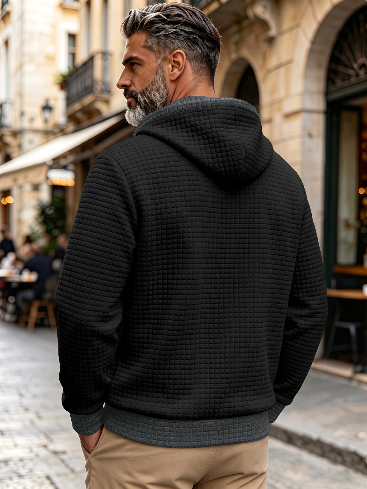 Autumn/Winter Men's Thickened Jacquard Long-Sleeve Hooded Cardigan Jacket, Fashionable Plaid Jacquard Textured Fabric, Comfortable Outerwear Suitable for Daily Outings, Outdoor Sports, Travel, and Vacations. Lightweight and Comfortable with a Regular - Black