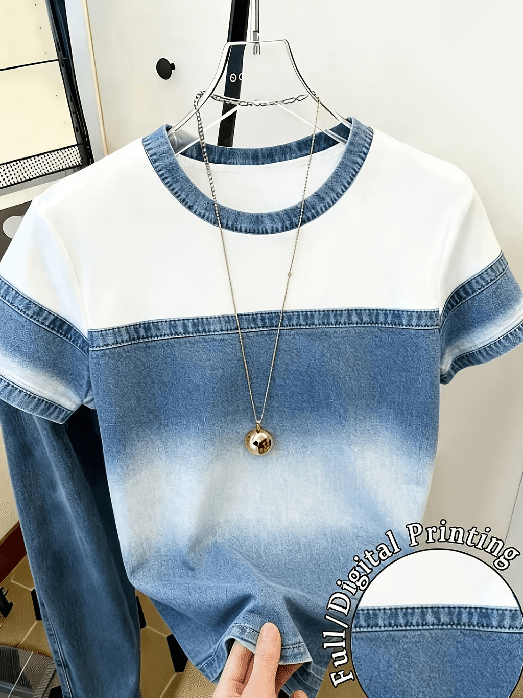 [Printed Pants - Not Denim Fabric]Simulated Denim Patchwork Gradient Washed Texture Printed Short Sleeve Top, White Top with Gradient Blue Denim Fabric Visual Print, Collar And Cuff Denim Print Round Neck T-Shirt, Shop Check-In, Outing - Mixed colors