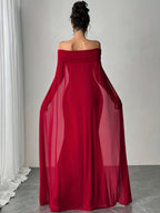 Elegant Women's Party Christmas Romantic Fashion Commute Evening Wine Red Off-Shoulder Long Cardigan Dress, Wine Red Elegant One-Shoulder Long Shawl Maxi Slim Dress, Elegant Women's Drop Collar Mermaid Fit Dress, Women's Christmas Outfit, Valentine's - Burgundy