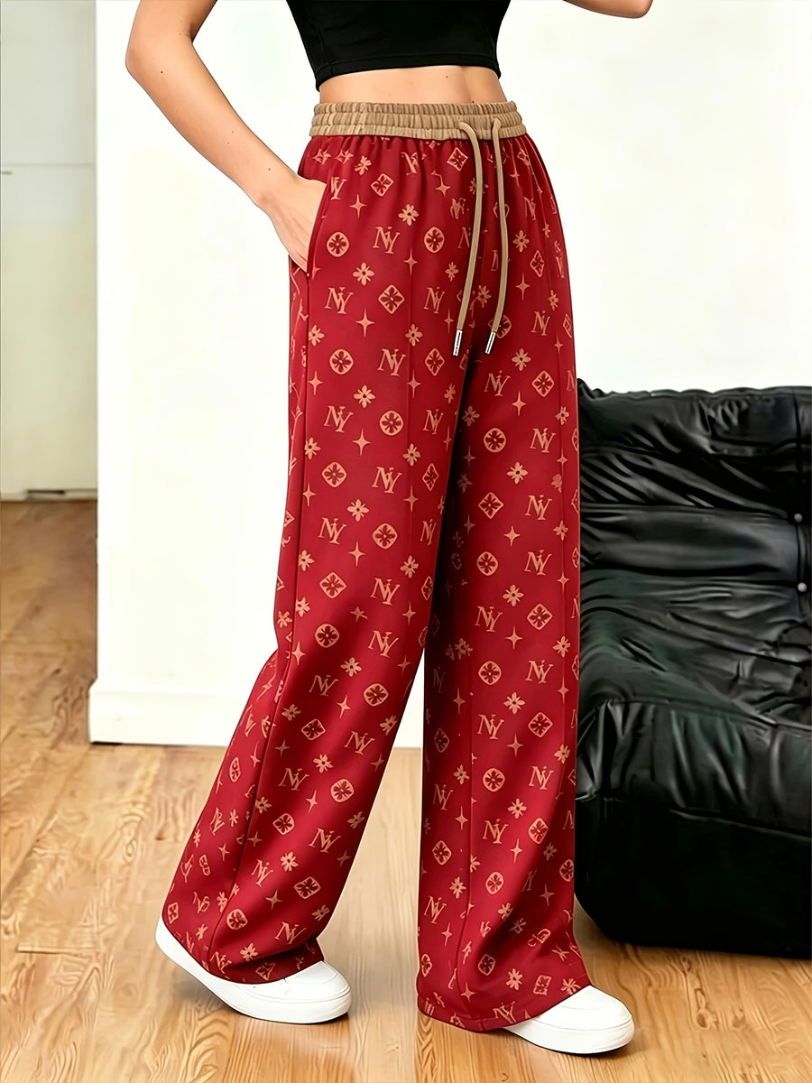Women's Minimalist Printed Casual Pants, Drawstring Pocket Straight-Leg Trousers, Machine Washable and Hand Washable - Red