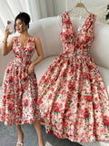 Elegant Temperament for Ladies / V-Neck / Front Tie Decoration / Floral Print Dress / Waist Cinching / Slim Fit / Gentle / Vacation Style / Suitable for Dates / Travel / Parties / Gatherings / Beach / Vacation - Multicolor