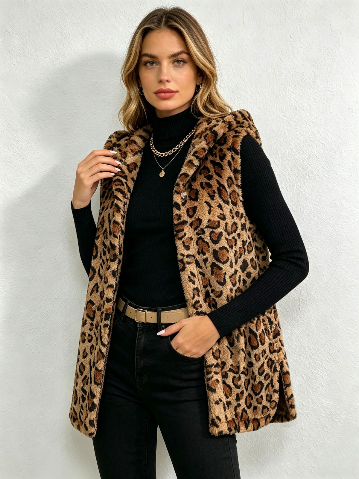 Women'S Adult Winter Casual Daily Jacquard Diamond Double-Faced Fleece Warm Fleece Pullover Vest Jacket - Leopard Print