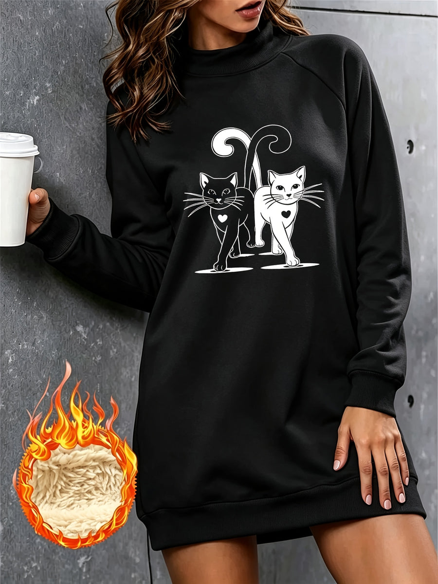 Cute Double Cat Heart Print Half-Turtleneck -Lined Sweatshirt Dress for Women, Autumn/Winter Loose Fit Thickened Midi-Length Top - Black