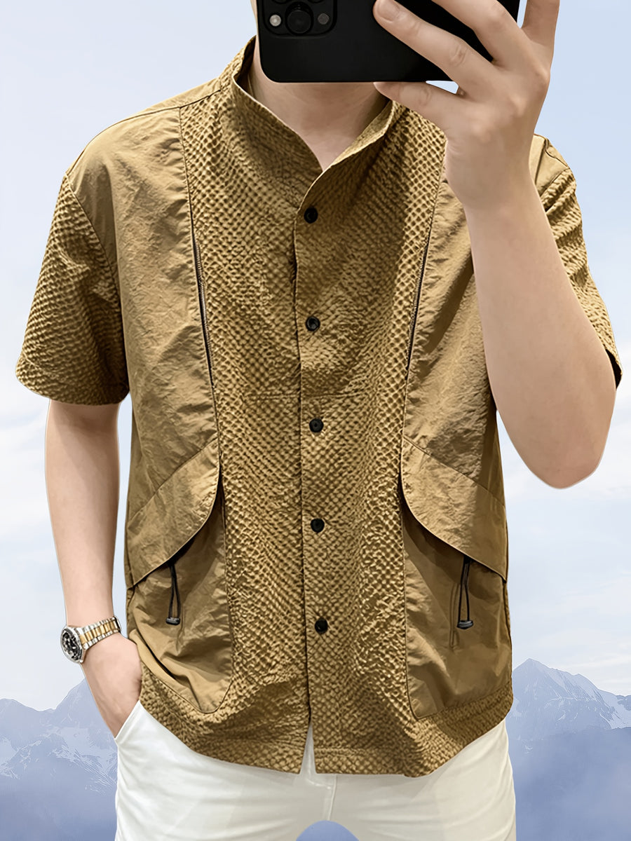 Men'S Light Luxury Shirt, Men'S Designer Style Blouse, Summer Short Sleeve Shirt, Men'S Top - 10213 Gent-A708 Khaki