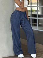 Women'S Fashion Thin Faux Denim Fabric Flowing Trousers, Versatile Loose Fit Casual Faux Jeans, Elastic Waist Drawstring Style, Casual Wear Women'S Faux Jeans And Appareldenim - Deep Blue