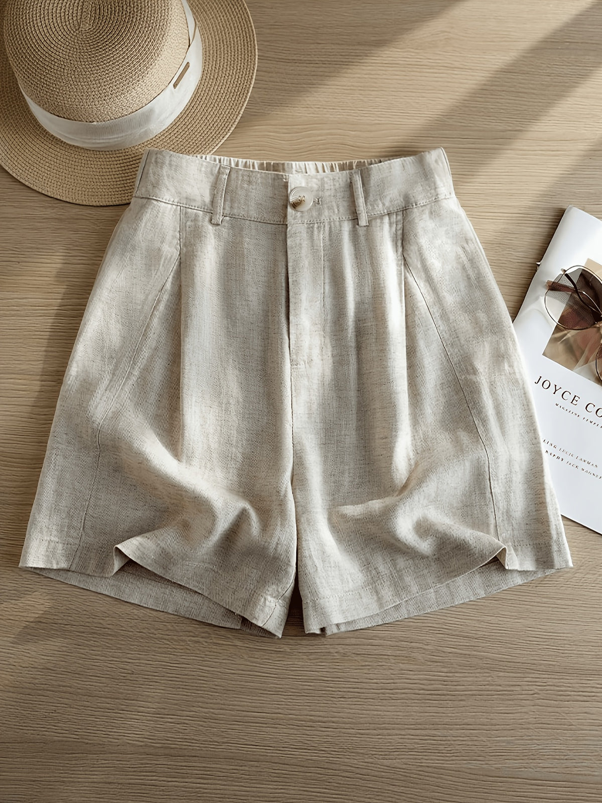 Natural Linen Suit Shorts for Women, High-Waisted Pleated Semi-Elastic Waist, Loose A-Line Wide-Leg Casual Five-Quarter Linen Pants ASD1 - Hemp True Color