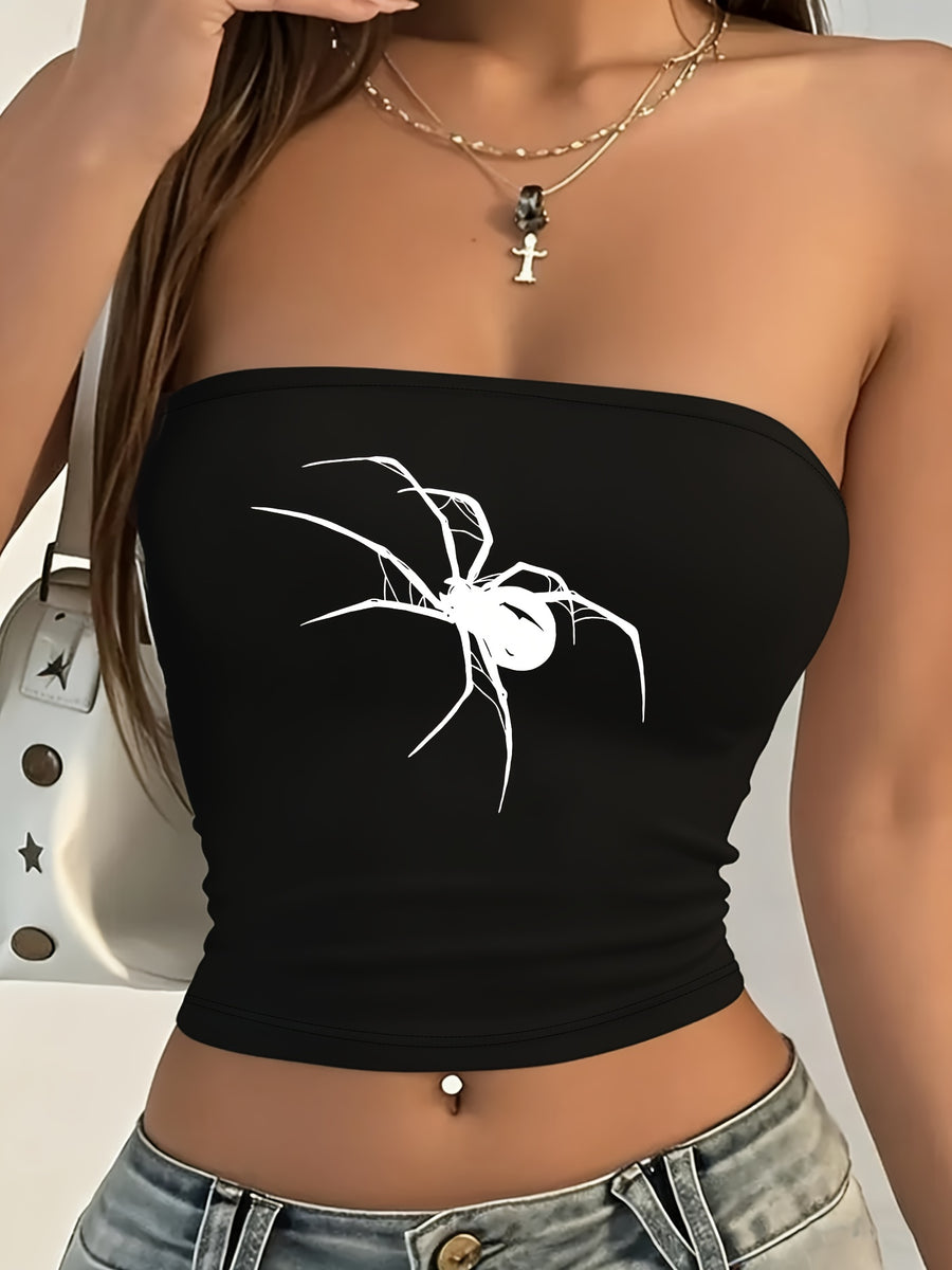 Y2K Women'S Off-Shoulder Short Top With Spider Design | Sexy, Suitable For Summer And Casual Wear, Cute Short Style - Black