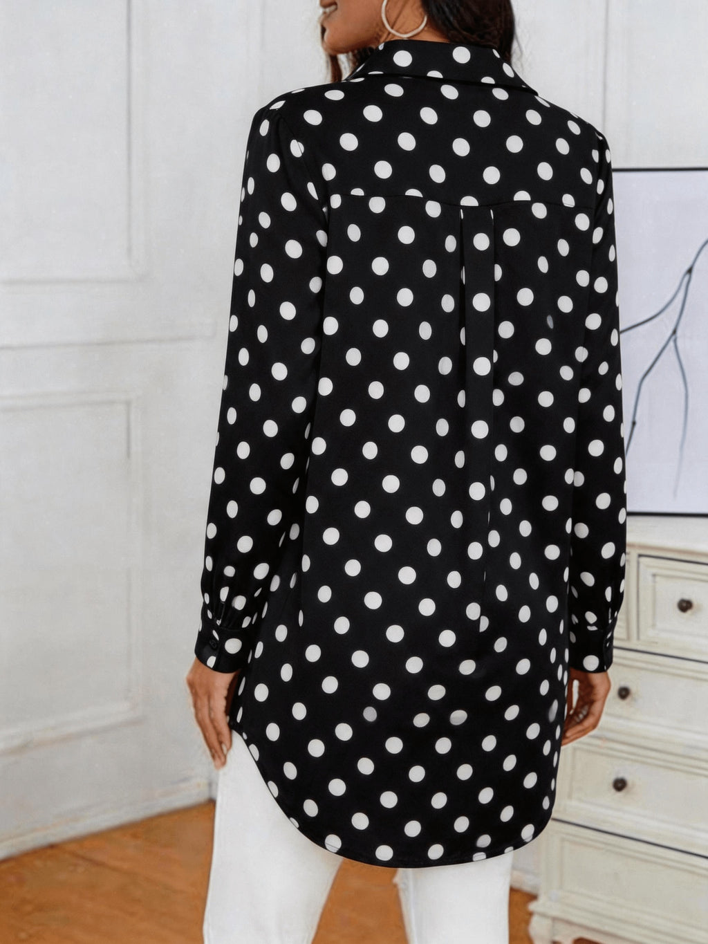 Spring/Autumn New Women's Mid-Length Polka Dot Shirt with Lapel Collar, Long Sleeves, Vintage Style, Versatile, Suitable for Commuting,, Casual Top - Black