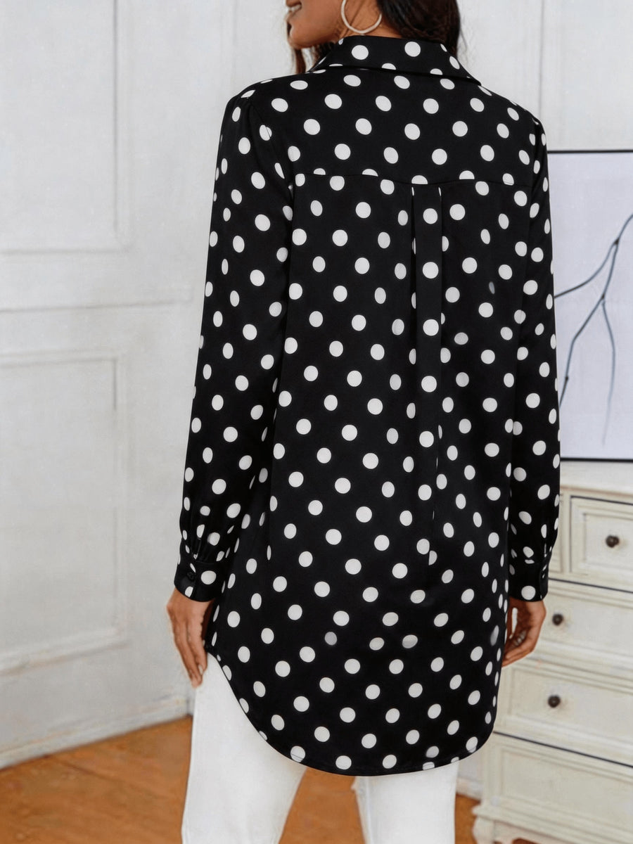 Spring/Autumn New Women's Mid-Length Polka Dot Shirt with Lapel Collar, Long Sleeves, Vintage Style, Versatile, Suitable for Commuting,, Casual Top - Black