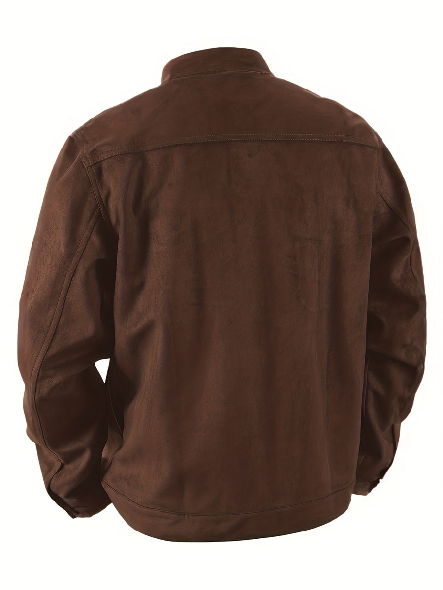 Men'S Casual Jacket with Pockets, Versatile Long-Sleeved Stand Collar Button Coat, Transitional Outerwear - Coffee Color