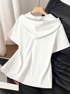 Women'S Top, Solid Color Minimalist Casual Hooded Short Sleeve Sweatshirt, Valentine'S Day Heart Pattern Print - White