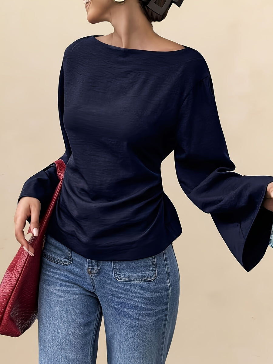 Women'S Solid Back Tie Flared Sleeve Blouse - Blue Navy