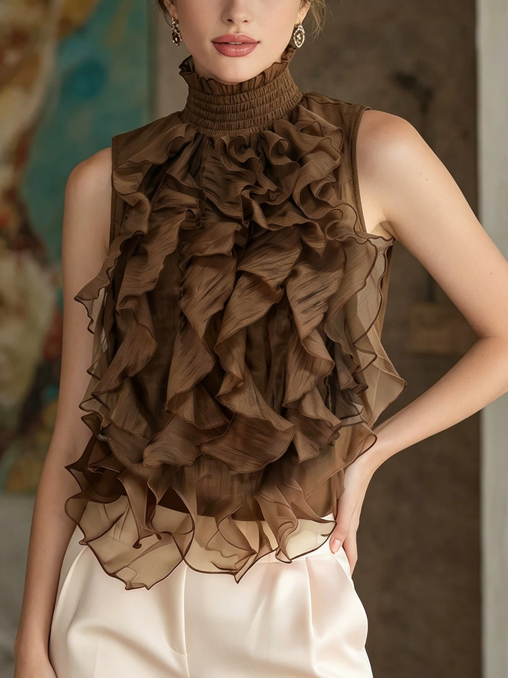 French-Style Solid Color Sleeveless High Neck Mesh Top with Three-Dimensional Ruffled Layered Mesh, Sweet and Skin- Atmospheric Gown, Socialite Style Top - Dark Brown
