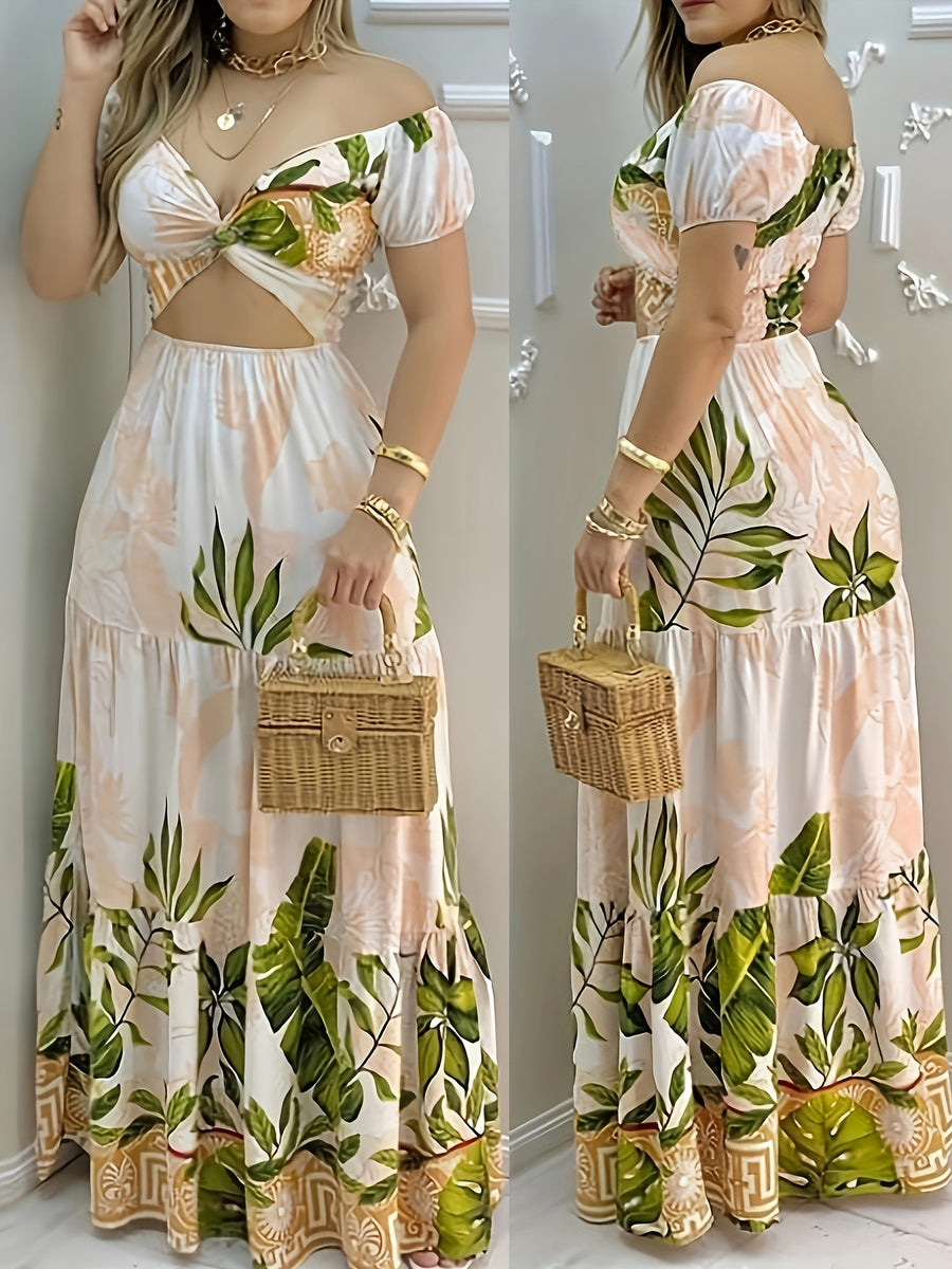 Off-Shoulder Summer Vacation Dress, Casual V-Neck Maxi Dress for Women, Elegant Temperament Printed Slim-Fit Casual Crop Top Dress, Women's Party Club Hollow-Out Long Dress, Gavin - Beige