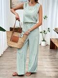 Casual Fashion Plaid Drawstring Sleeveless Women's Jumpsuit - Green And White Grid