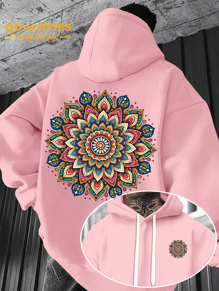 Men's "Mandala" Print Hooded Sweatshirt - Relaxed Fit, Simple and Distinctive Design, Loose Cut for Comfort and Style, Machine Washable Casual Pullover for Autumn/Winter, Suitable for Casual Wear, Hooded Sweater, Winter Apparel, Fashionable Design - Pink Color