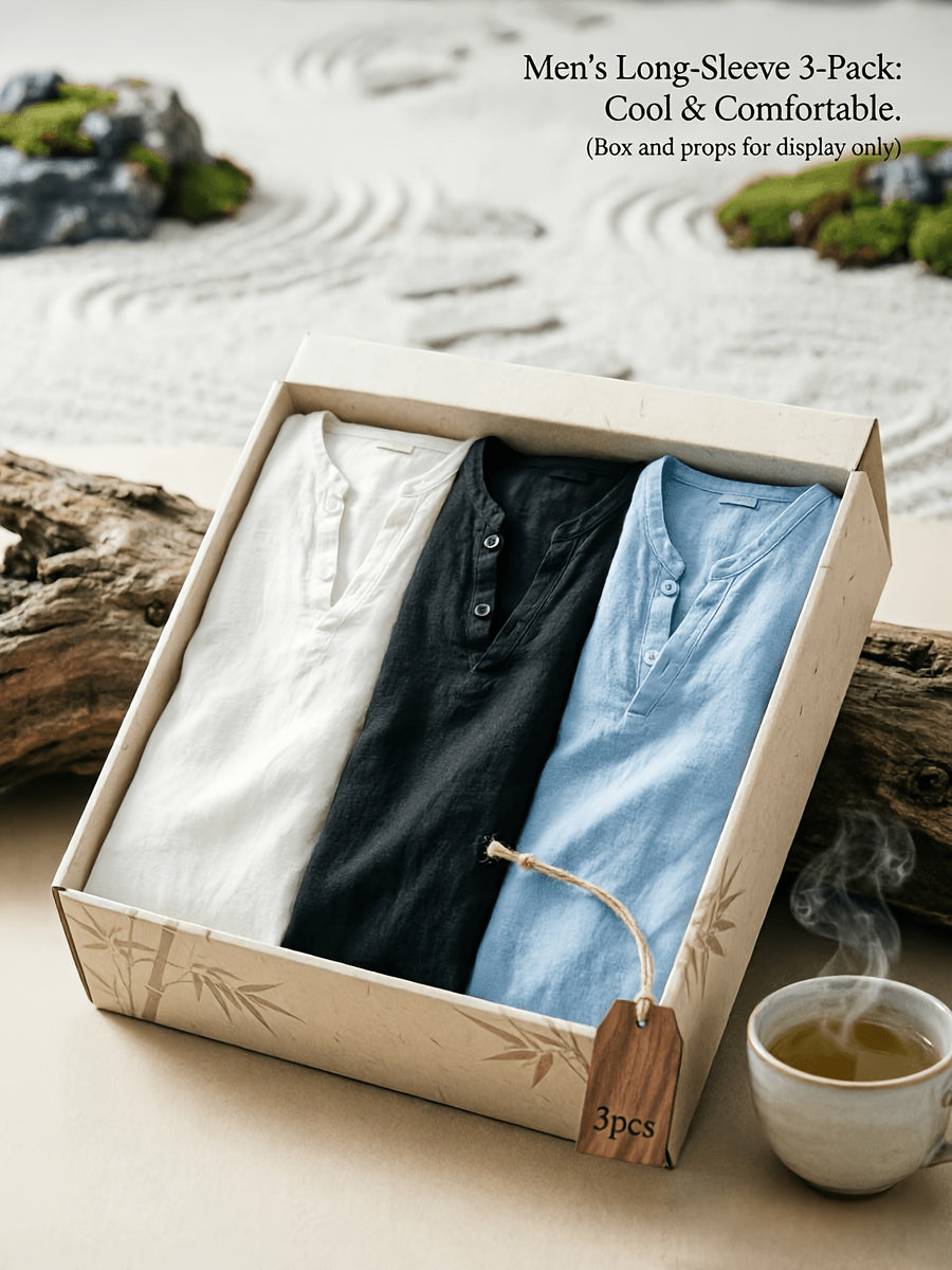 Men'S Linen Long-Sleeve 3pcs, Breathable Henley Neck Loose Fit T-Shirts for Spring And Autumn, Versatile for Business Casual, Commuting, And Lounging. (Box And Props for Display Solely) - White+black+sky Blue