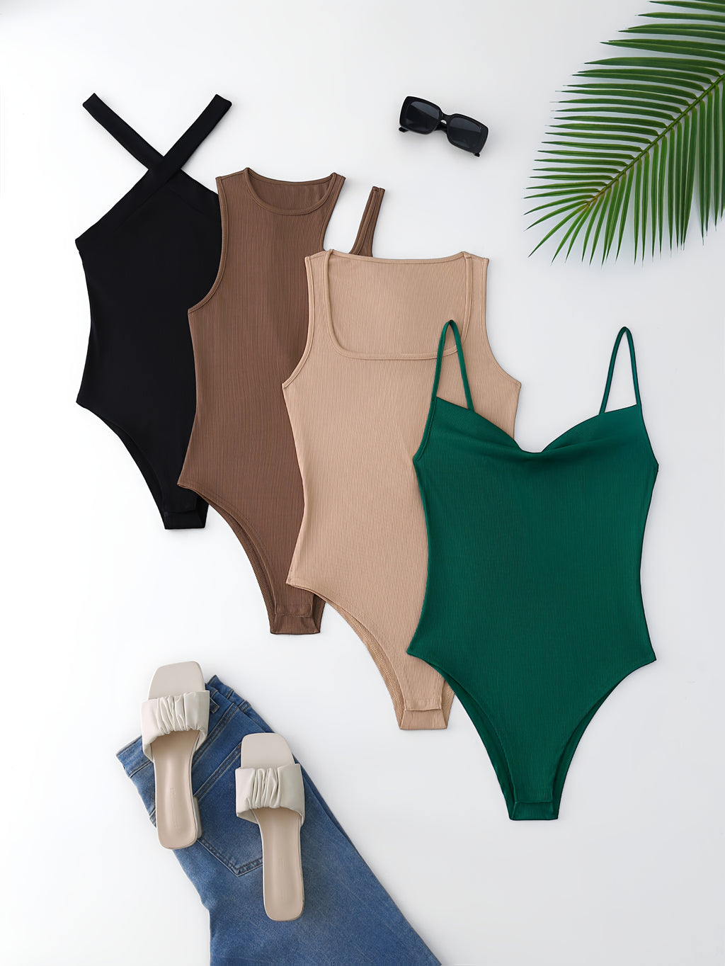 Autumn/Winter Women's 4pcs Sleeveless Square Neck Vest-Style Camisole Base Layer Set, Irregular Neckline Cross-Back Fitted Bodysuit in Various Styles - Mixed colors