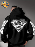 Warner Bros Official Superman Logo Print Men's Trendy Hooded Sweatshirt, Featuring Sleeve Print Design, Kangaroo Pocket, and Drawstring Hood, Suitable for Daily Wear in Autumn and Winter as Well as Outdoor Sports - a Must-have Item for Trend - Black