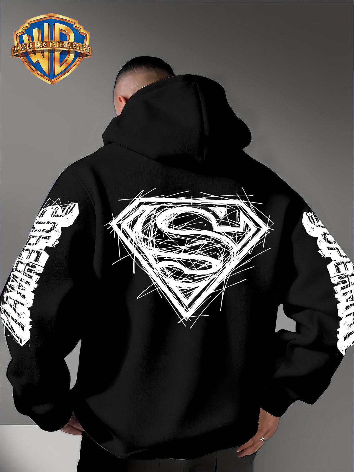 Warner Bros Official Superman Logo Print Men's Trendy Hooded Sweatshirt, Featuring Sleeve Print Design, Kangaroo Pocket, and Drawstring Hood, Suitable for Daily Wear in Autumn and Winter as Well as Outdoor Sports - a Must-have Item for Trend - Black
