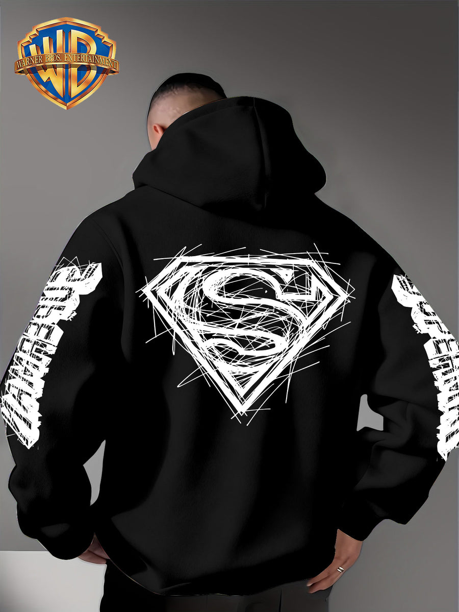 Warner Bros Official Superman Logo Print Men's Trendy Hooded Sweatshirt, Featuring Sleeve Print Design, Kangaroo Pocket, and Drawstring Hood, Suitable for Daily Wear in Autumn and Winter as Well as Outdoor Sports - a Must-have Item for Trend - Black