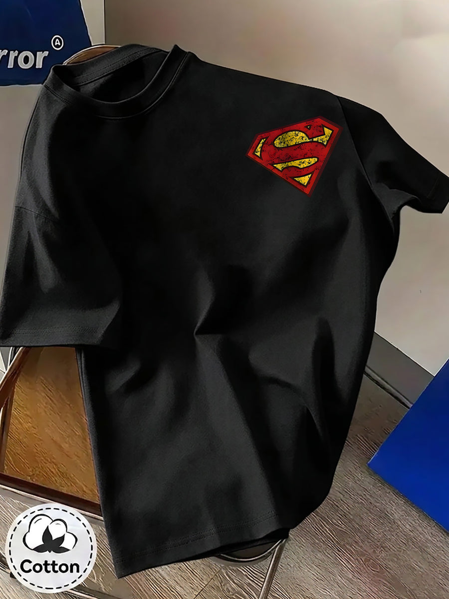 Unisex Summer Loose Round Neck Short Sleeve T-Shirt, Suitable for Daily Commute, Street Outings, City Travel, Friend Gatherings, And Casual Wear, Large Area Distressed Cracked Superman Classic S Logo Artistic Print on Back - Black