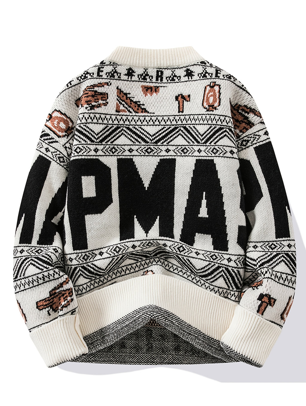 Men'S Multi-Color Ethnic Jacquard Knit Sweater, Round Neck Pullover with Geometric Letter Vintage Jacquard Pattern, Fashionable Casual Fall/Winter Fitted Style, Trendy Top for Middle-Aged Men - Apricot
