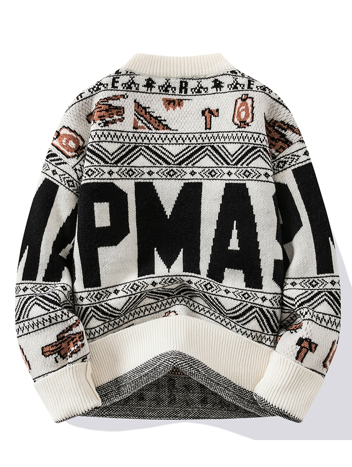 Men'S Multi-Color Ethnic Jacquard Knit Sweater, Round Neck Pullover with Geometric Letter Vintage Jacquard Pattern, Fashionable Casual Fall/Winter Fitted Style, Trendy Top for Middle-Aged Men - Apricot