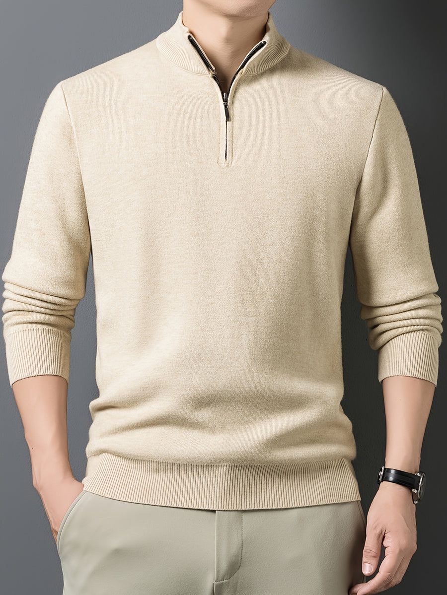 1pc Men'S Solid Color Small Stand Collar Knit Pullover Autumn Winter Zipper Casual Fleece Warm Top - Khaki