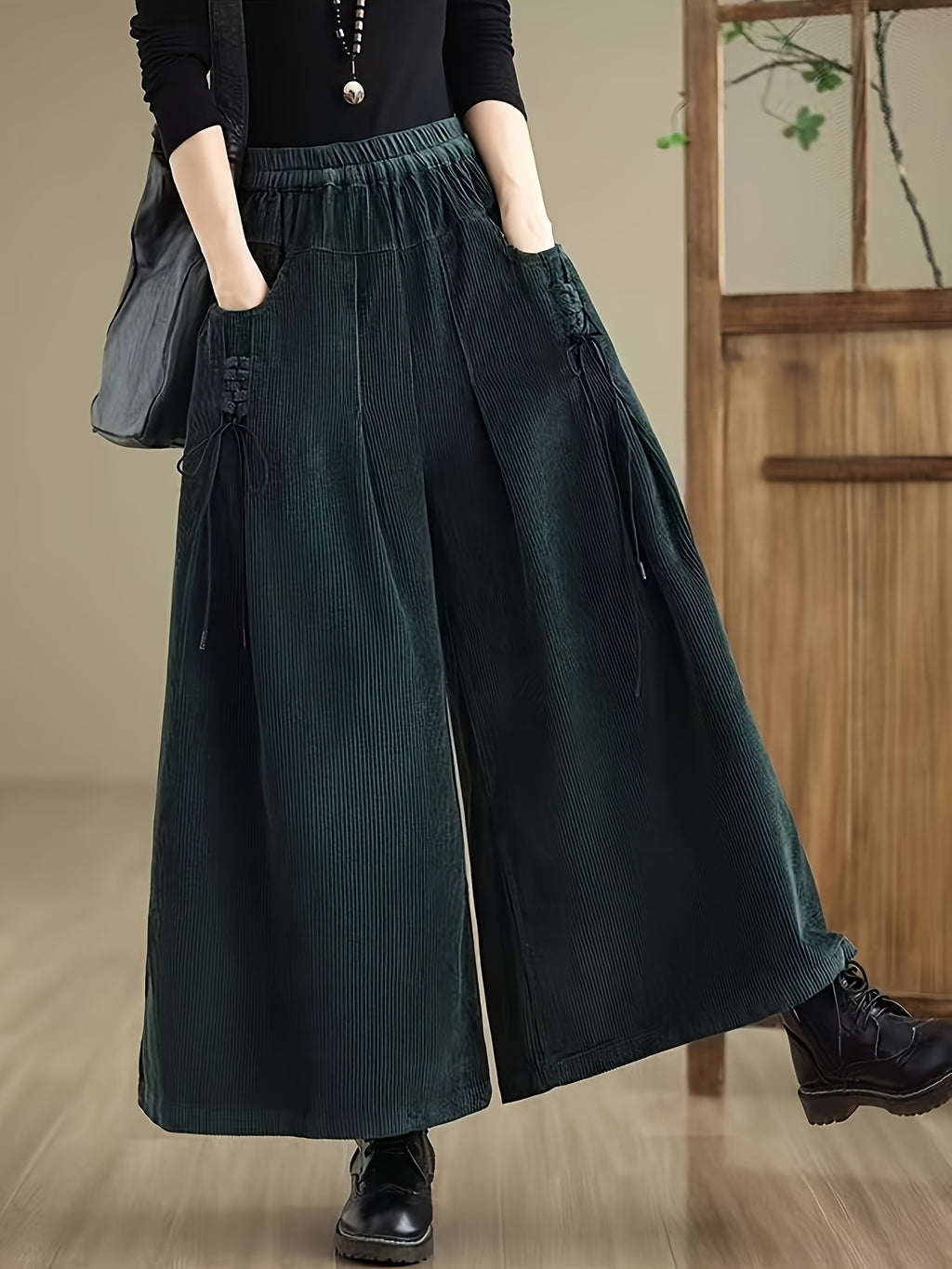 Corduroy Wide-Leg Pants with Elastic Corduroy Waist (Suitable for Body Types) - Solid Color Casual Trousers, Machine Washable,, Corduroy Pants for Casual Attire - Dark Green